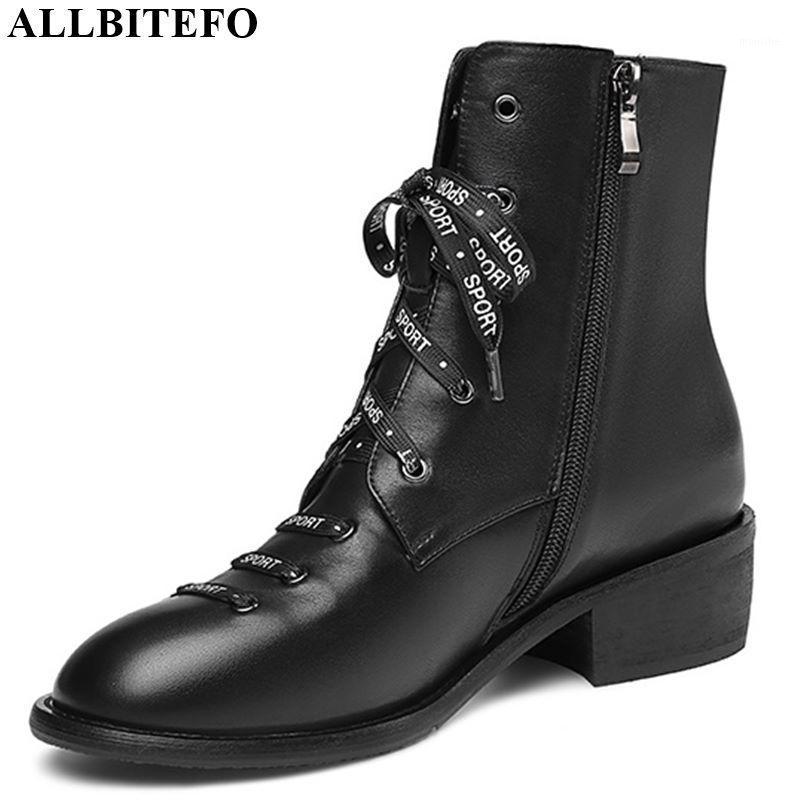 

ALLBITEFO natural genuine leather women boots leisure High quality Autumn Winter Frenulum Pure color ankle boots Round toe1, No plush inside