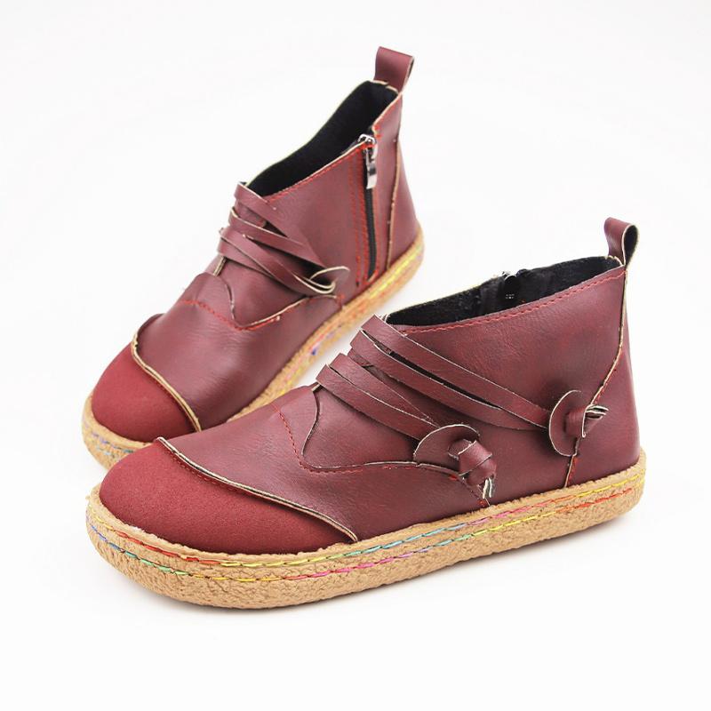 

Winter Women's Ankle Boots Pu leather Solid Color Red Ladies Flat Shoes Zipper Round Toe Hiking Boots Vintage Short Botas Mujer, Black