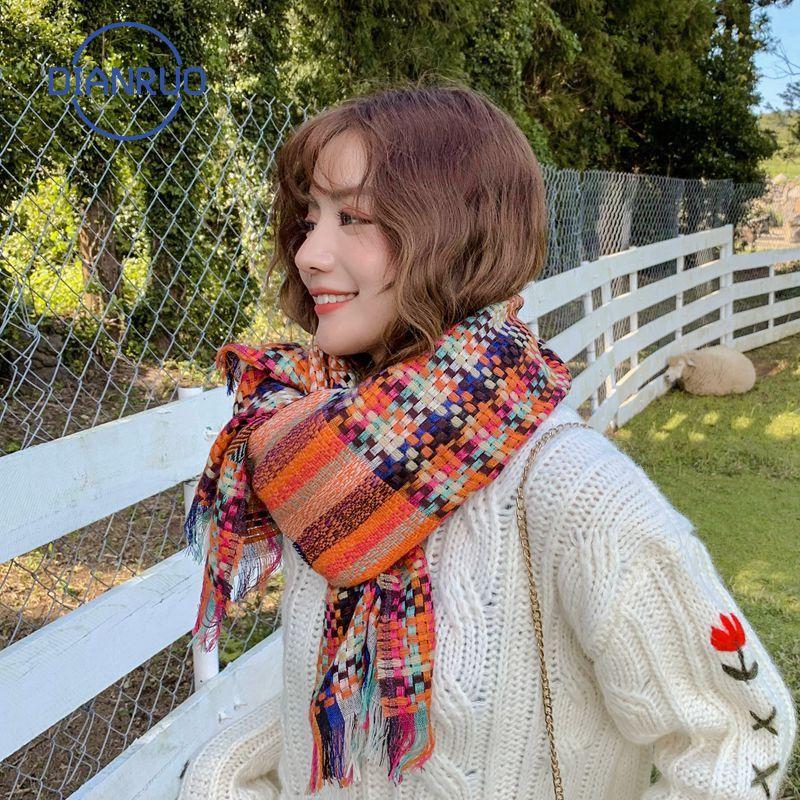 

DIANRUO Colorful Striped Personalized Scarf for Women's Autumn Winter Long Thickened Lovers Students Warm Tassel Bib Q527