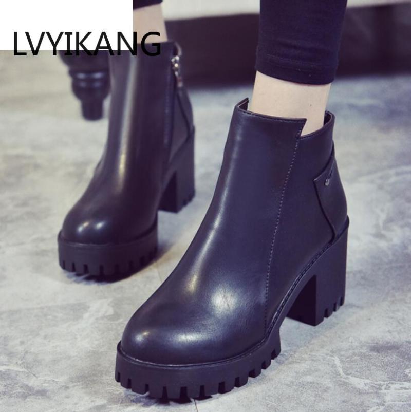

2020 Winter new Fashion women ankle boots Round head Side zipper thick bottom PU leather waterproof woman boots, Khaki