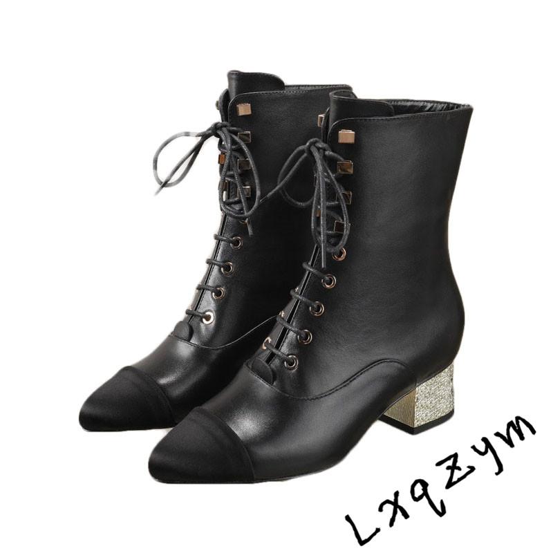 

Italian Design Women Chunky Gladiator Ankle Boots Genuine Leather Lace Up Short Shoes Silver Heel Pointed Toe T Show 35-40, As show