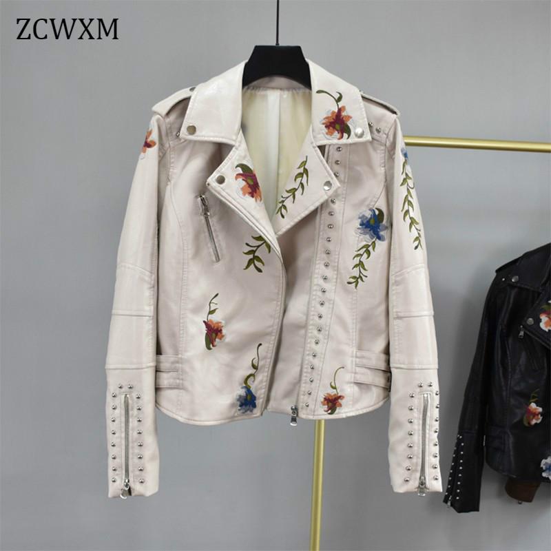 

Spring Women Embroidery Faux Leather Pu Jacket Autumn Fashion Motorcycle Jacket Black Faux Leather Coats Outerwear Slim Coat Hot, Beige