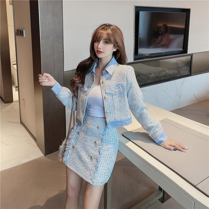 

Women Fall/winter Fashion Outfits Two Pieces Elegant Skirt Sets Single Breast Short Tweed Jacket&Mini Skirt Suits 2pc Dress Sets, White