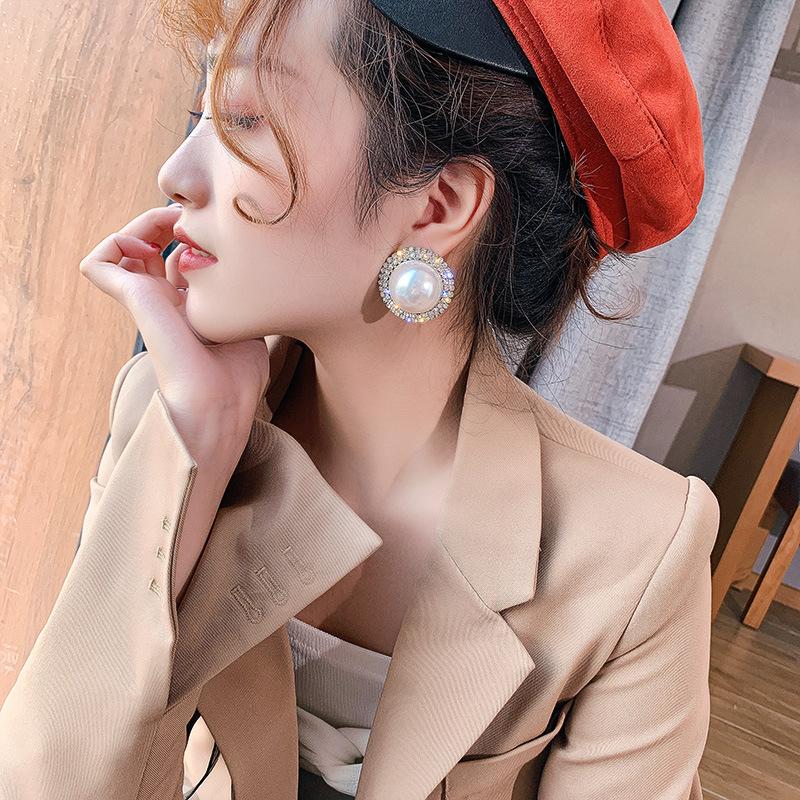 

Stud Big Simulated Pearl Earrings For Women Girl Round Geometric Rhinestone Party Weddings Jewelry Gifts