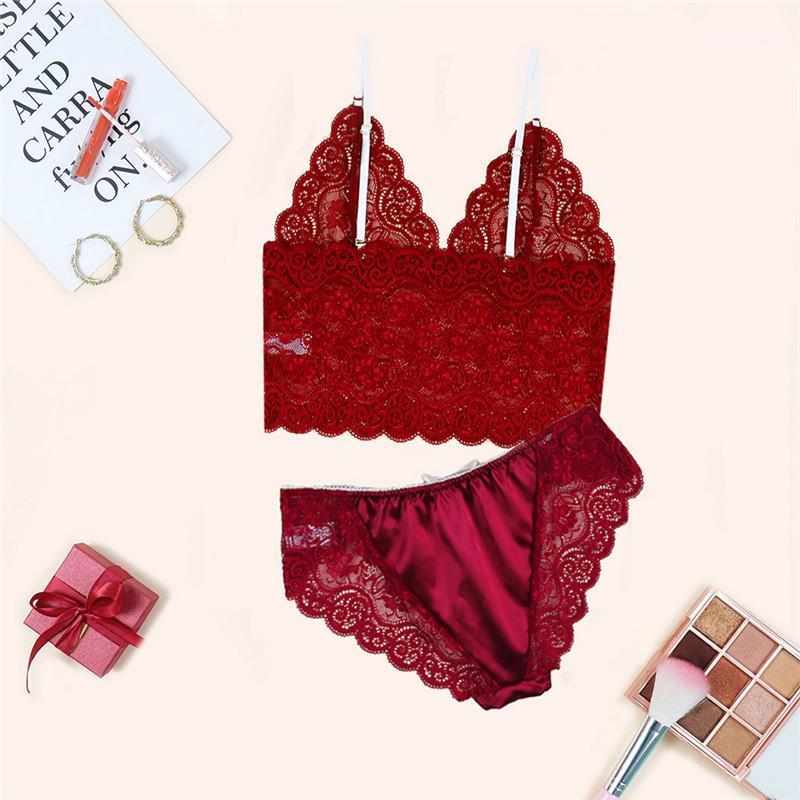 

2 Pcs Women Sexy Lingerie Set, Hollow Out Floral Lace Tank Top + Panties with Bowknot1, Pink