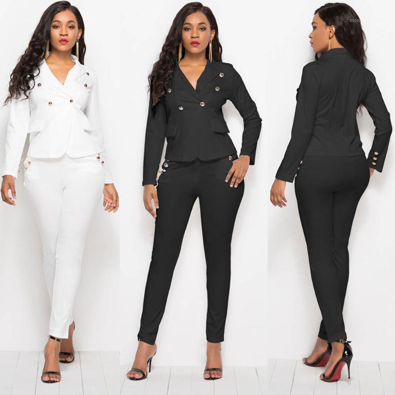 

2020 Women Two Piece Sets Suits Black Office Lady Blazer Jacket Fit Pants Casual Single Breasted Buttons Suits LMT-YD50791