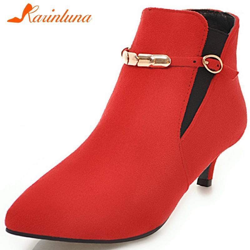 

Karin 2021 New Fashion Design Shoes Lady Women Classics Round Toe Spike Heels Flock Buckle Straps Women Boots Female Shoes1, Black