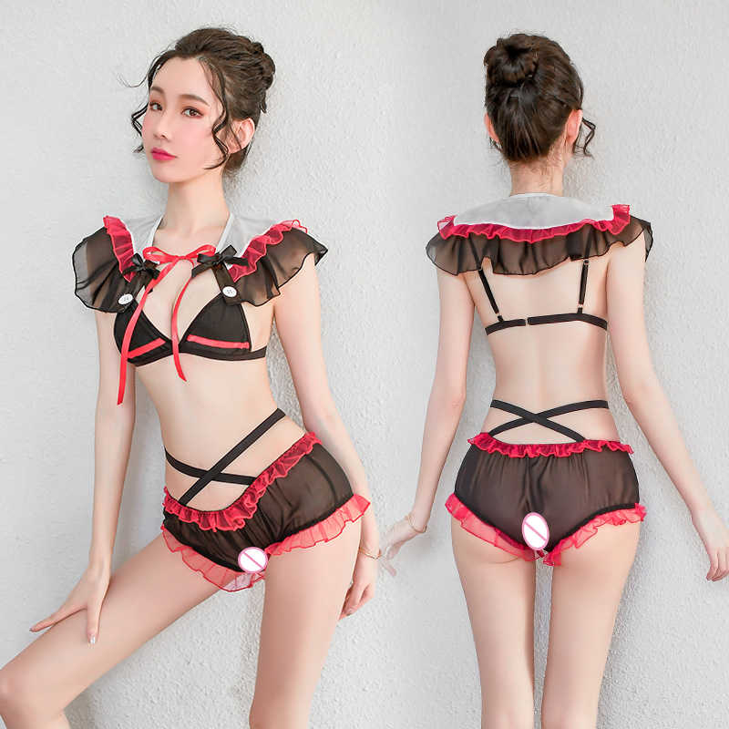 

Women's Sexy Porno Erotic Lingerie Set Within Temptation Adult Underwear Panties Perspective Lace Uniform Three Points Shawl Bra, Black