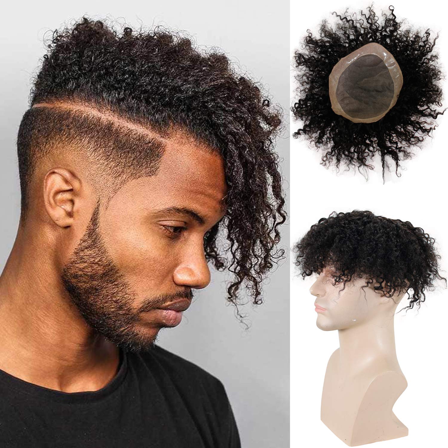 Men's Toupee Kinky Curly for Black Man 100%Human Hair Mono Lace Replacement African American 10x8inch 1B black Remy Hair-image-751070807