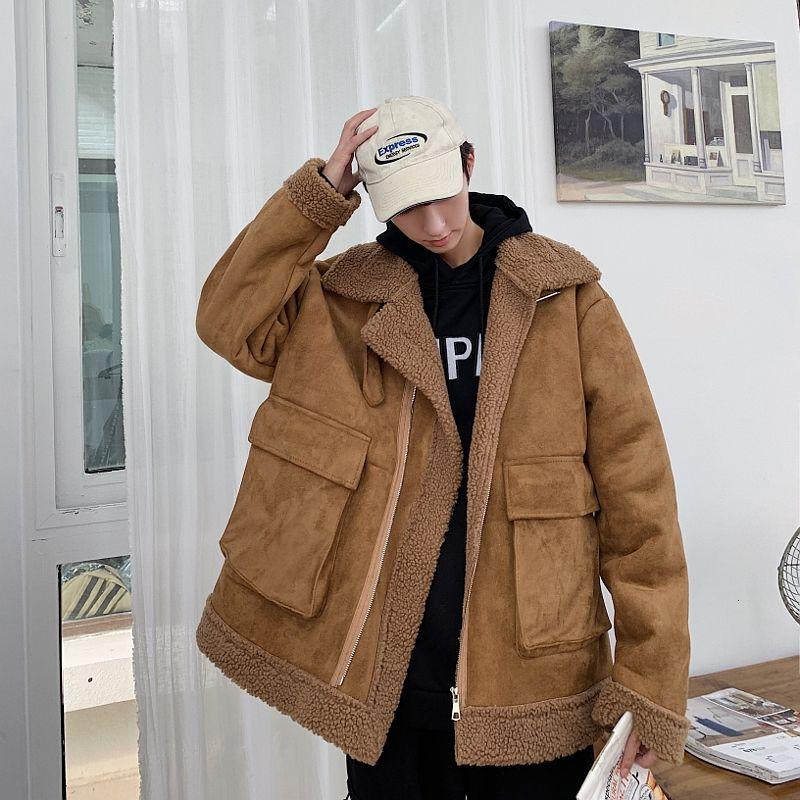 

2020 Winter New Youth Popular Men's Pure Color Thick Lamb Wool Cotton Jacket Fashion Casual Lapel Top Blue/brown -2XL