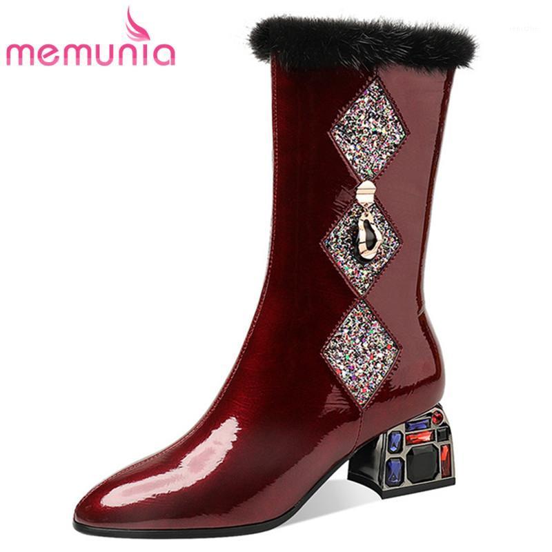 

MEMUNIA hot sale patent leather ankle boots women crystal square heel round toe winter boots fashion casual party shoes ladies1, Black