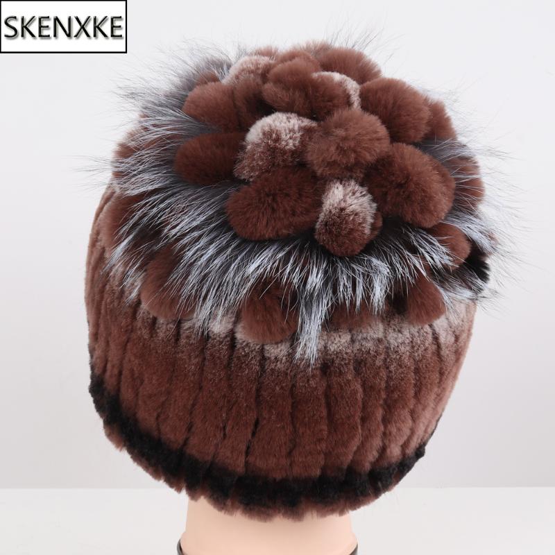 

New Arrival Winter Lady Good Elastic Real Rex Fur Beanies Hats Women Thick Warm 100% Natural Fur Hat Knitted Real Cap, Blue