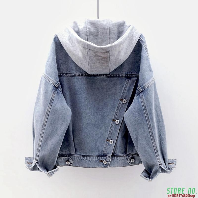 

Fashion Denim Jacket 2021 New Detachable Hooded Women Coat Short Outerwear Multi-pocket Single-breasted Female Denim Casual Tops, Black