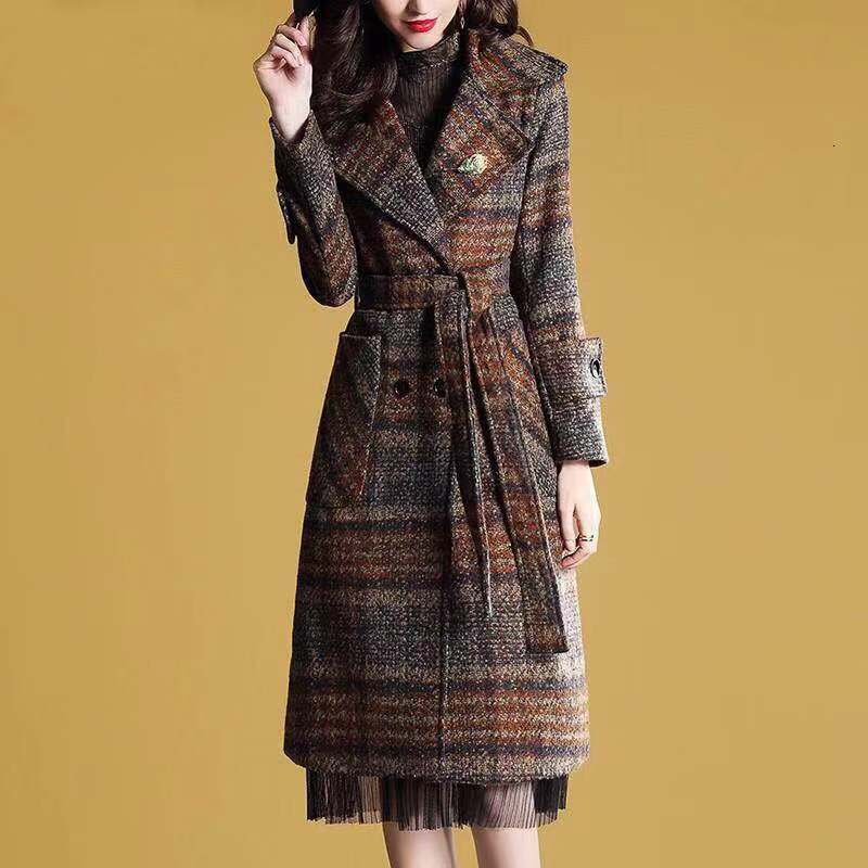 

2021 New Women's Lattice Woolen Autumn Bouble Breasted Outwear Female Wool Overcoat Jacket Winter Add Cotton Coat 6bkh, Lattice no cotton