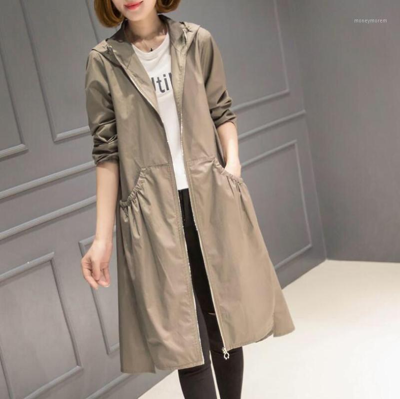 

2019 Spring Autumn Korean Casual Windbreaker Ladies Vintage loose Large Size thin Long Trench Coat for Women Hooded Top p14021, Beige