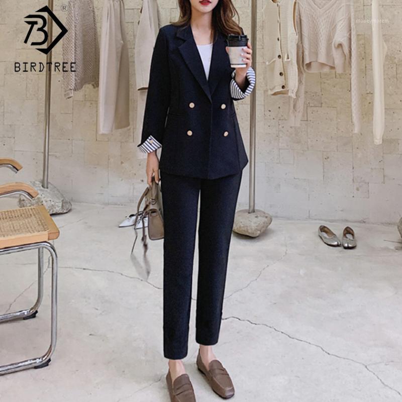 

2020 Spring New Women' Pant Suits Office Lady Notched Double Breasted Blazer Tops And Slim Pants Fashion Two Pieces Set S03303O1, Black
