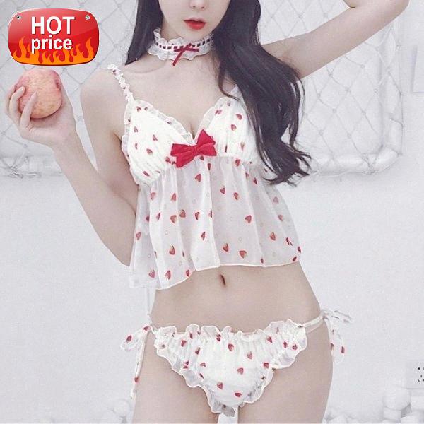 

Princess Lovely Pajama Set Female Sexy Lingerie Deep V Bow Pajamas Japanese Homewear Tops Panties Necklace Pajamas for Women #o12U, Black;white