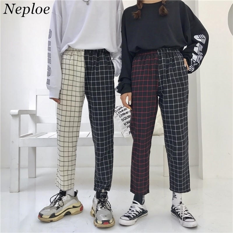 

Neploe Vintage Plaid Patchwork Pants Harajuku Woman Man Trousers Elastics High Waist Pants Korean Causal Straight Checkerboard 201119, Red black pants