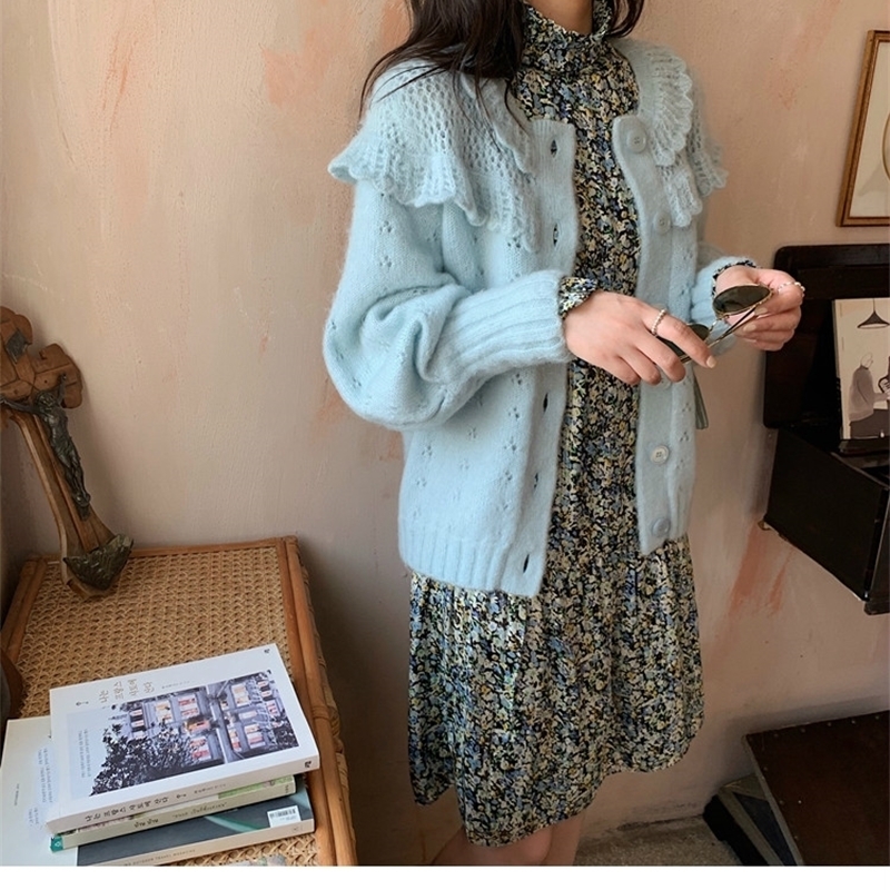 

Neploe Korean Sweet Ruffle Sweater Coat Hollow-out Women Cardigans Single Breasted Long Sleeve Knitted Clothes Autumn 201204, Light blue