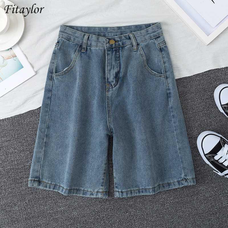 

Fitaylor 2020 New Summer Women High Waist Blue Wide Leg Denim Shorts Casual Female Solid Color Streetwear Stright Jeans Shorts