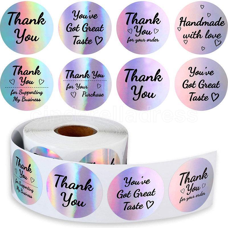 

Rainbow Thank You Stickers Black Ink Holographic Silver Business Sticker 500 Labels Different Word for Business Boutiques Shopping