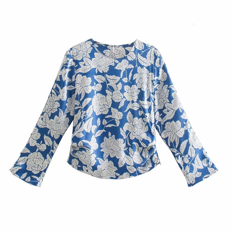 

2021 New Women Blouse Blue Floral Print Satin Female Elegant o Neck Long Sleeve Shirt Woman Back Button Opening Vintage Top 6qq5