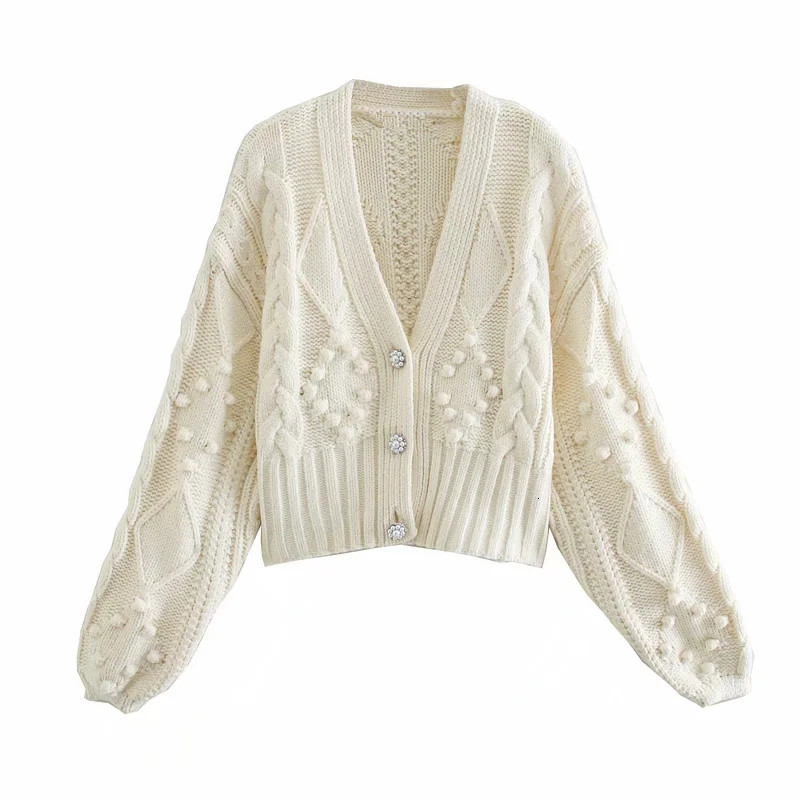 

2021 New Women Pompom Cropped Knitted Woman Long Sleeve Oversized v Neck Argyle Sweater Cardigan Female S1oq, Beige