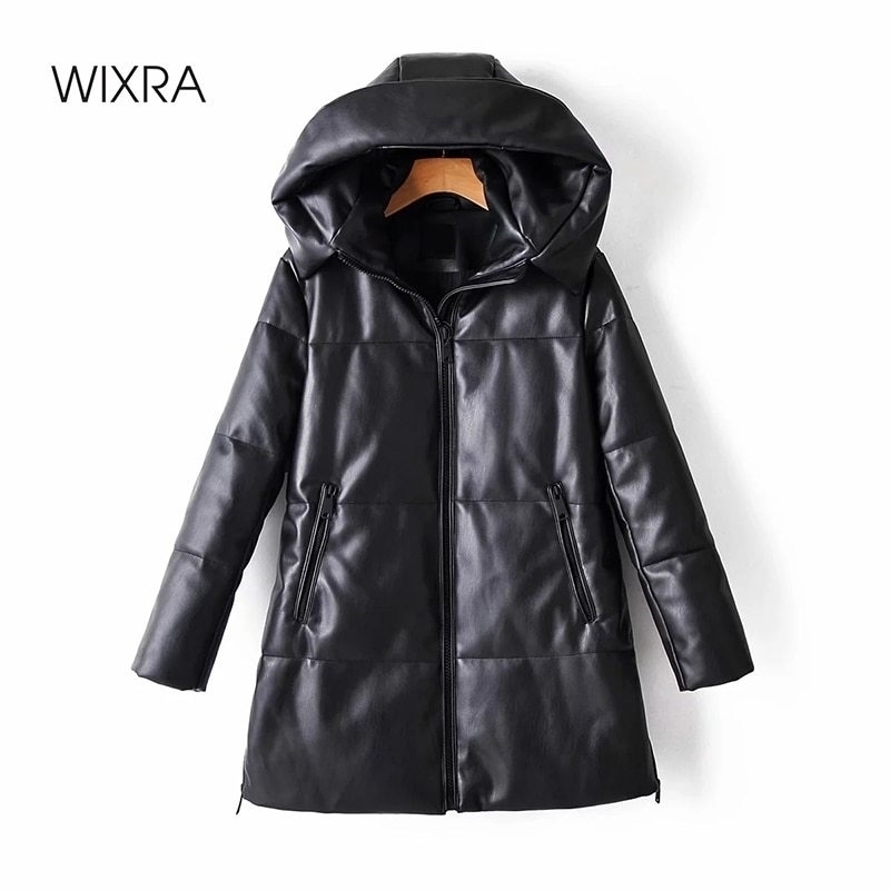 

Wixra Solid PU Leather Cotton Jacket Hooded Women's Fashion Leather Long Coats Ladies Waterproof Thick Jackets Female Winter 201124, Black