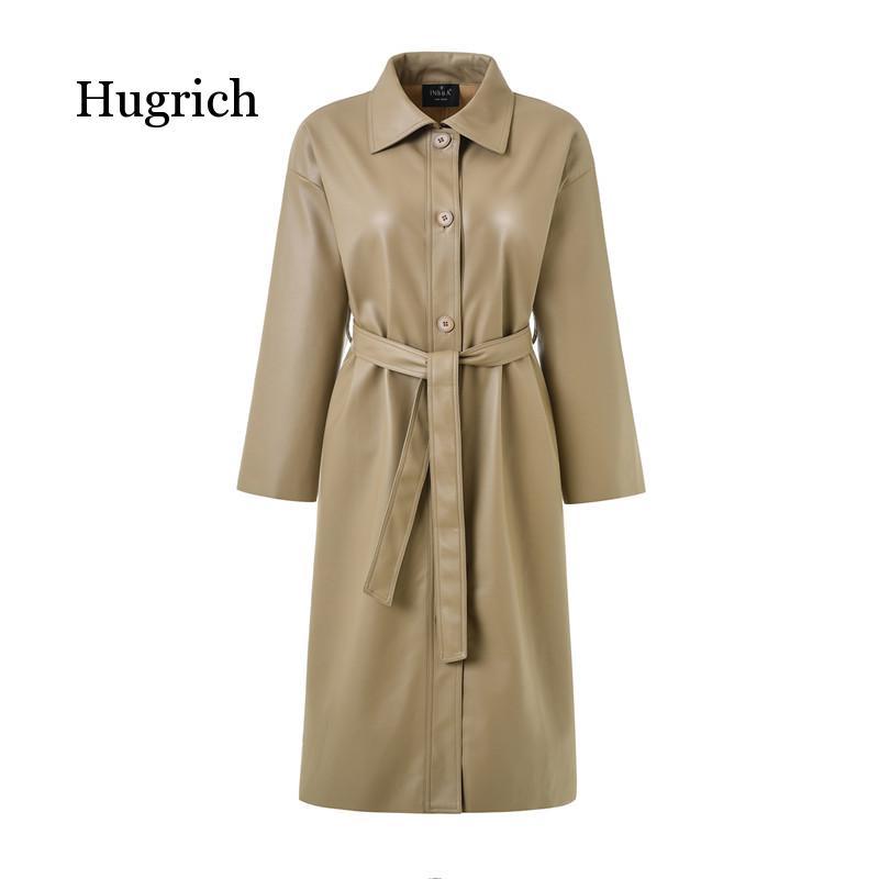 

Cool PU Leather Long 2020 New Autumn Women Loose Belt Windbreaker Trench Coat Slim Spring Jacket, Beige
