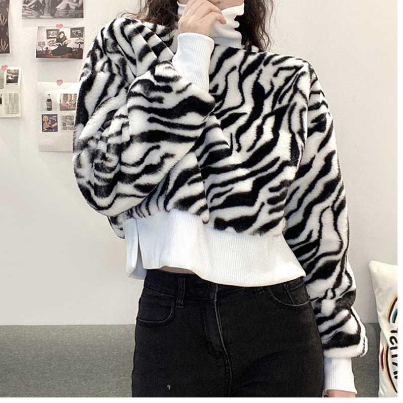 

Women' Plush winter new outdoor running warm solid color loose collar fashion striped fitness long sleeve sweater women' waist1, White