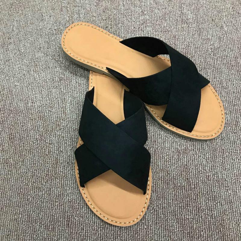 

Large Size Fashion Cross Summer Women Shoes Flock Outdoor Beach Female Slides Black Breathable PU Leather Ladies Slippers1