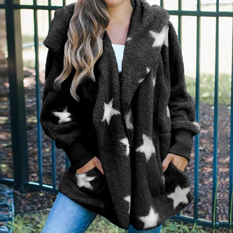 

Women Fleece Knitted Cardigan Coats Elegant Autumn Winter Long Sleeve Warm Soft Flurry Stars Printed Knit Sweaters, Pink