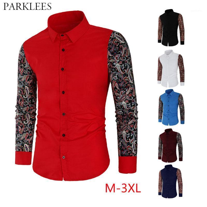 

Paisley Floral Print Men Shirts Retro Flower Patchwork Men Long Sleeve Shirt Casual Slim Fit Mens Chemise Button Up Clothing1, Red