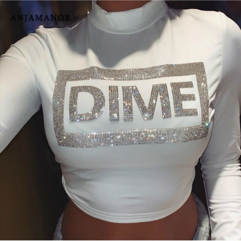 

ANJAMANOR Diamond Letter White Slim Sexy T Shirt Round Neck Long Sleeve Crop Top Clothes Women Party Shirts Graphic Tees D55AZ16 Y200412