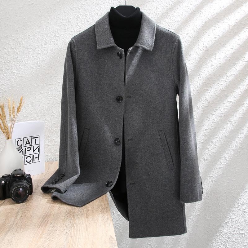 

New mid long double faced overcoat for men's woollen fabric slim cashmere windbreaker suit coat, Black