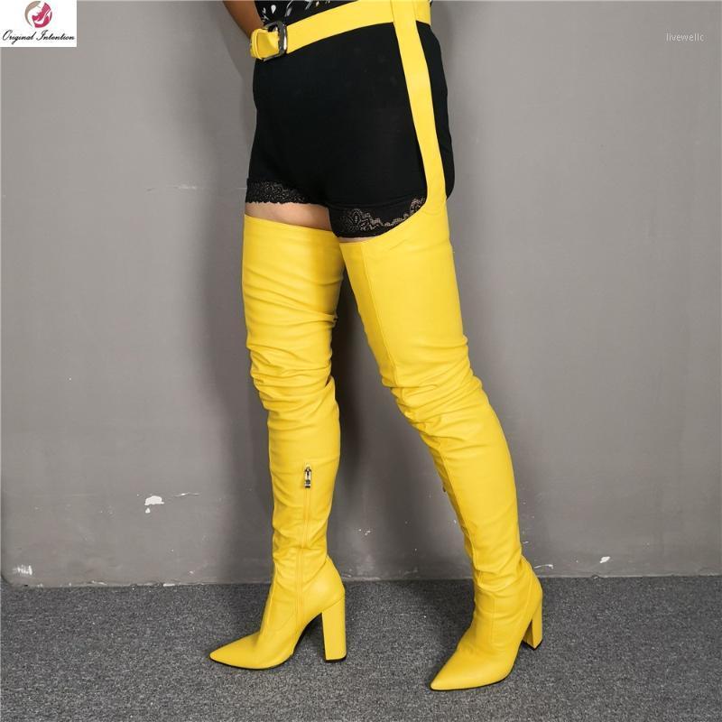 

Original Intention Super Fashion Pants Boots Woman Over Knee High Boots Yellow Pointed Toe Chunky Heels Shoes Female Winter 4-151, Oi1851 yellow