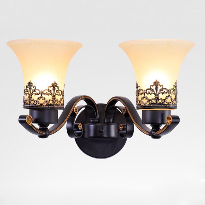 

New American Retro Glass Lampshade Wall Sconces E27 Bulb Modern Creative Metal Bedside Lamp Hallway Wall Fixture Lighting WL2741