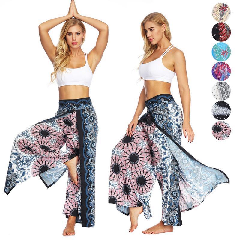 

New Boho Women Palazzo Slit Wide Leg Pants Summer Casual Beach Boho Hippie Pilate Sports Pants Yoga Trousers1, S or m