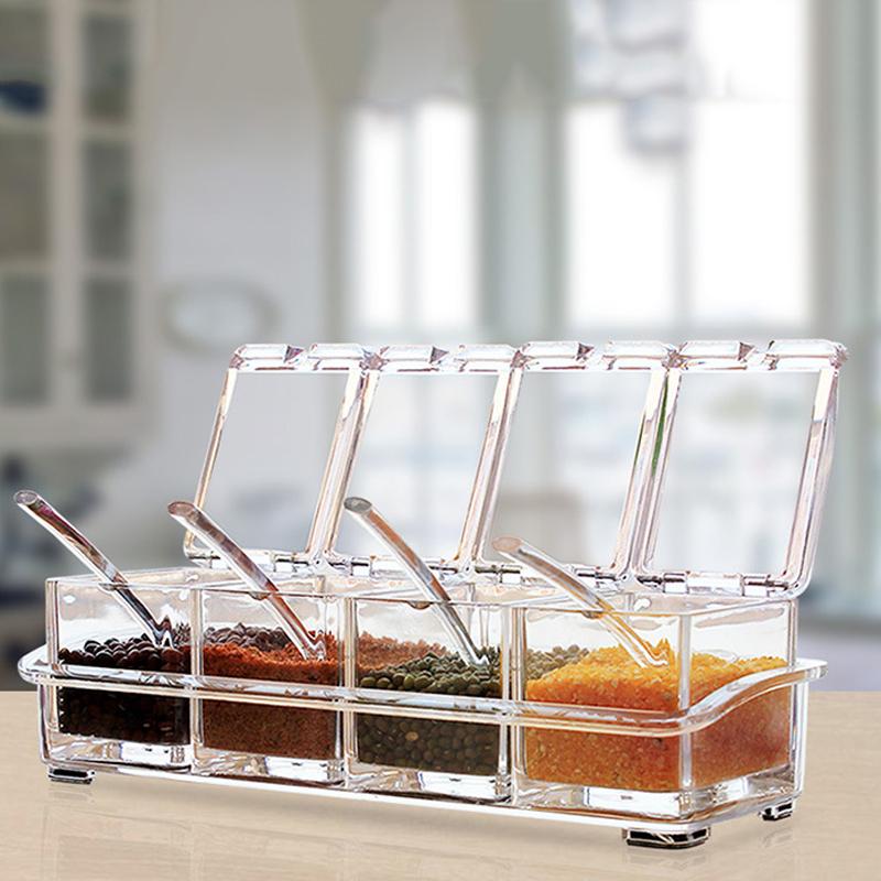 

4 Grid Seasoning Box Set Crystal Transparent Seasoning Jar Salt Sugar Creative Kitchen Spoon Box Gadget Accessories
