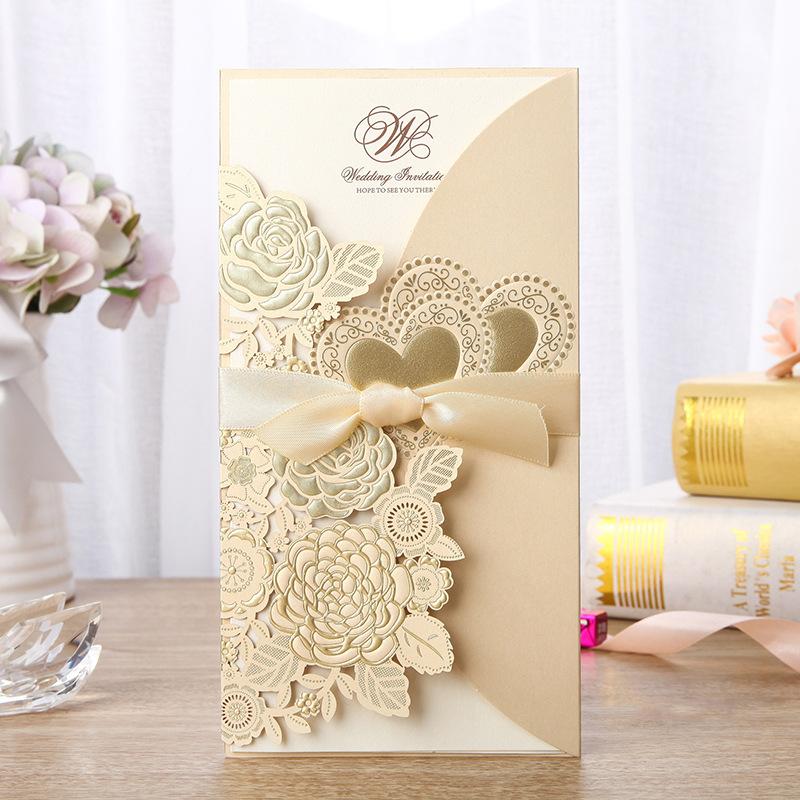 

50pcs/Lot White Red Gold Foil Sweetheart Personalized Print Laser Cut Wedding Invitation Cards with Knot Envelope and Seal