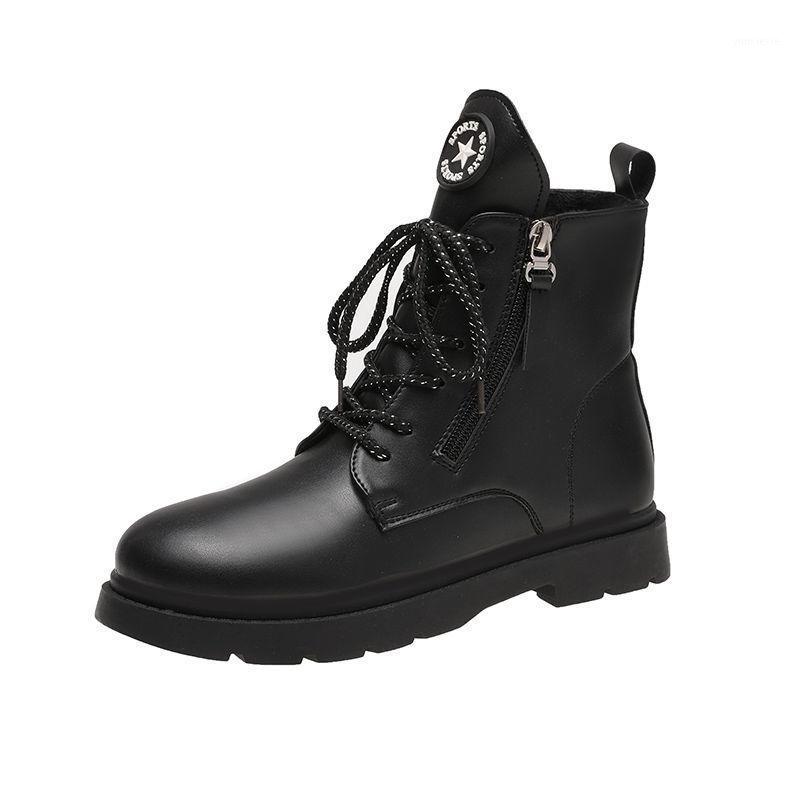 

Pu Leather Solid Women Boots Solid Rubber Female Ankle Boots Shallow Lace Up Women Spring and Autumn Flat1, Black