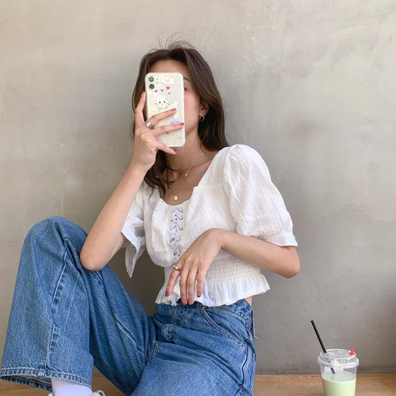 

2021 New 2 colour womens tops summer Korean style square turtleneck lace up to short sleeve shirt women's blouses (f4001) RCF1, Black