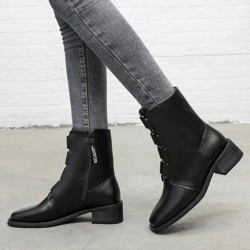 

Wood Square Heels Ankle Boots Women Shoes Zip Wood Heel Shoes Woman Winter Warm Women's Boots Big Size 42 #R40n, Black