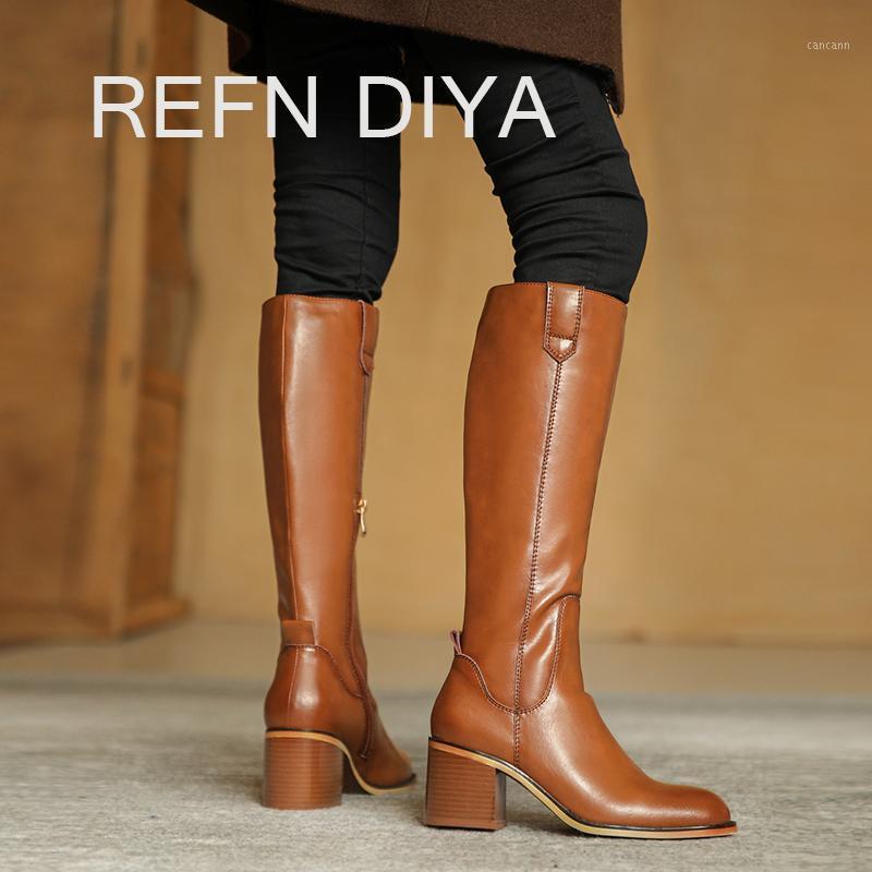 

REFNDIYA Knee High Boots thick High Heel Short Plush Genuine Leather Warm Comfortable Top Quality Women Winter Snow Boots1, Brown
