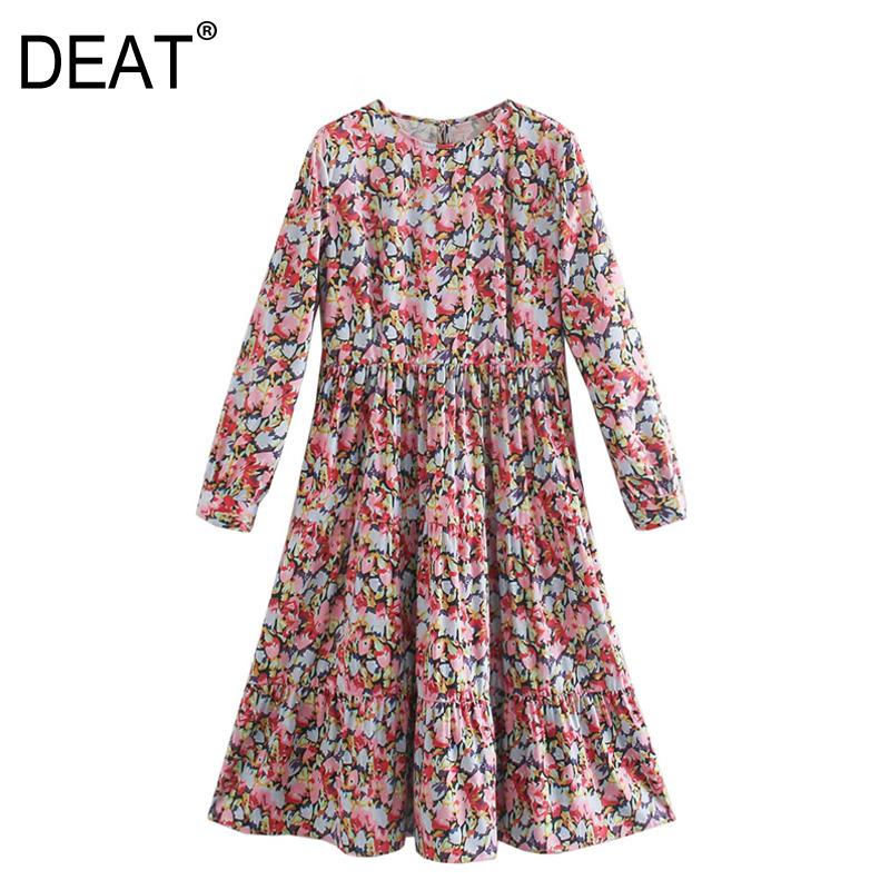 

DEAT] 2021 Spring New Fashion Tide Women Round Neck High Waist Knee-length Long Sleeve Printing A-line Loose Dress 13A824, As shown