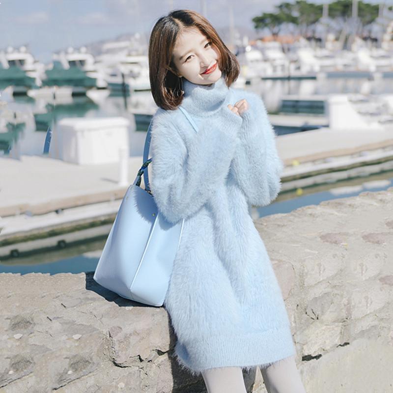 

Autumn and winter new loose sweater turtleneck mink velvet mid-length pullover women, Blue