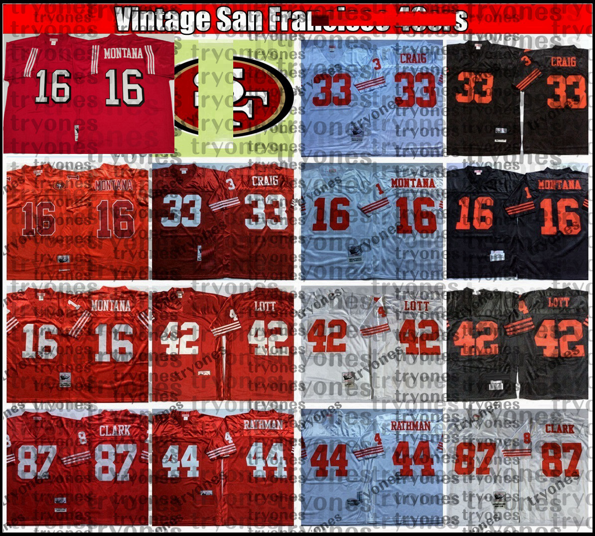 

Vintage 16 Joe Montana 33 Roger Craig 44 Tom Rathman 87 Dwight Clark 42 Ronnie Lott Football Jerseys 75th PATCH Embroidery BB3, Black;red