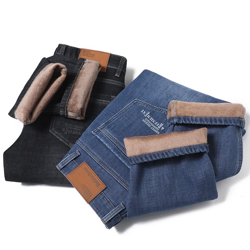 

2020 Winter Jeans Men Black Slim Fit Stretch Thick Velvet Pants Warm Jeans Casual Fleece Trousers Male Plus Size