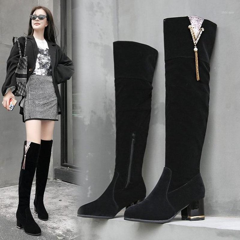 

Women Mid-Calf Boots Female Black Suede Soft Breathable Autumn Long Tube Boots Fashion Diamond-studded Thick High-heeled1