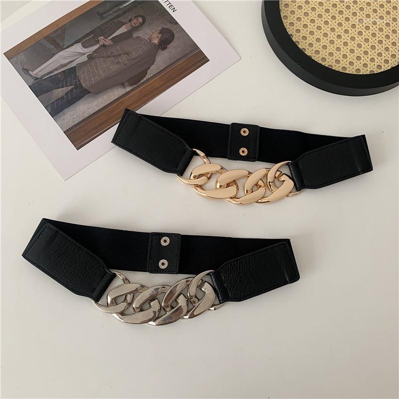 

Belts Fashion Metal Waistband Design Chain Decoration Elastic Belt Without Buckle Waist Adjust Freely Girdle For Women, Black;brown